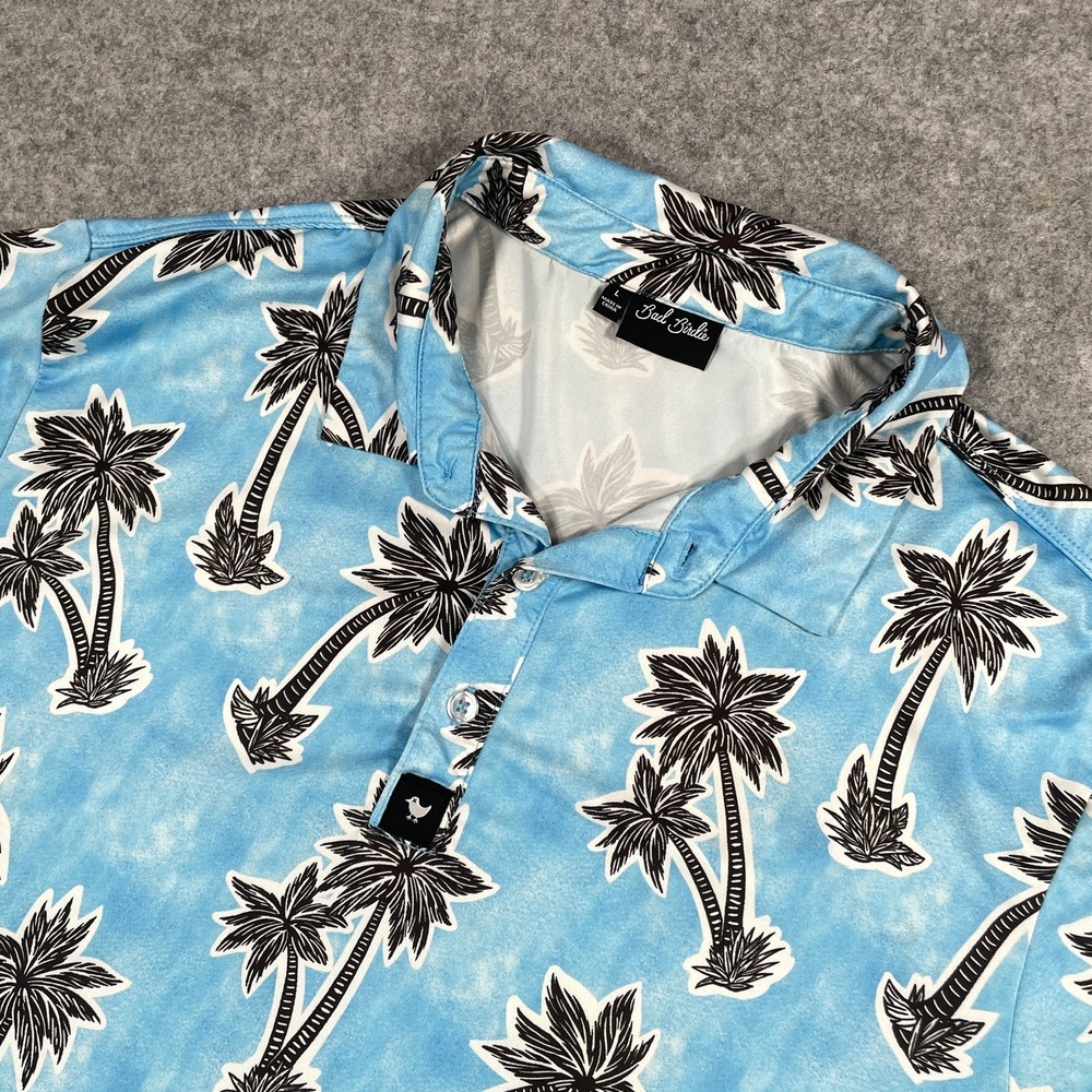 Bad Birdie Mens Polo Shirt Size Large Blue Palm Tree Performance Golf Stretch